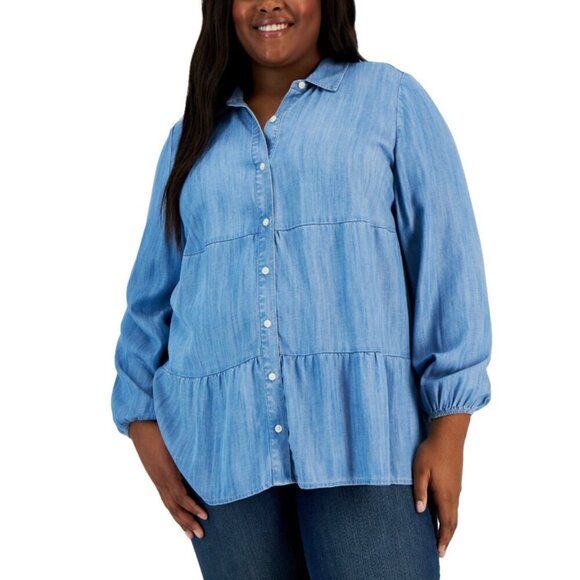 Style & Co. Plus Size 1X Chambray Long-Sleeve Tiered Tunic Shirt NWT - Picture 1 of 6